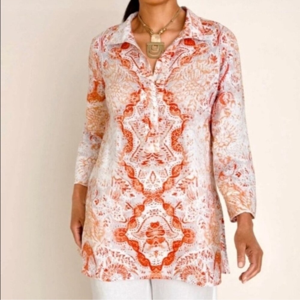 Chico’s 100% Linen Button Down Front Split 3/4 Sleeve Collared Orange Print Top